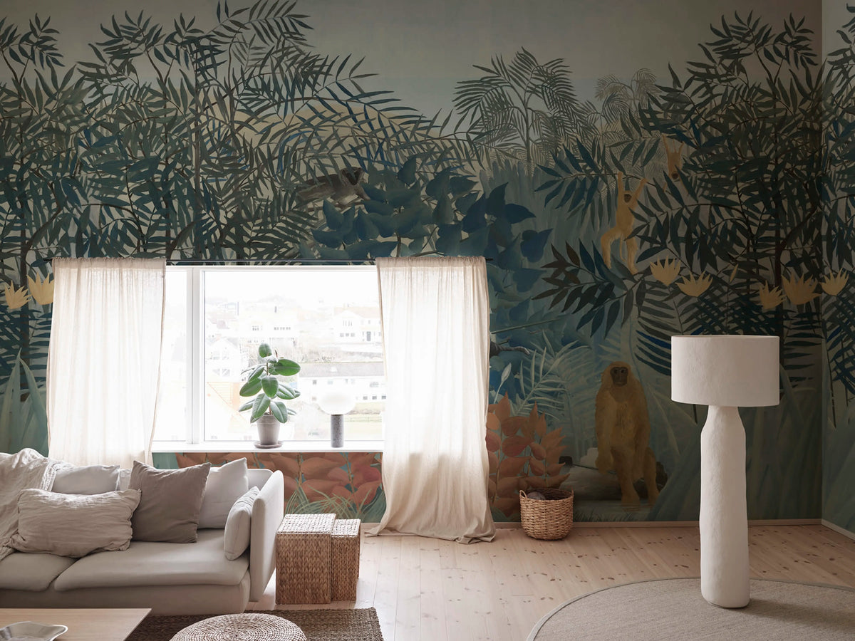 Tropical Forest With Monkeys, Blue Mural Wallpaper - room preview 02