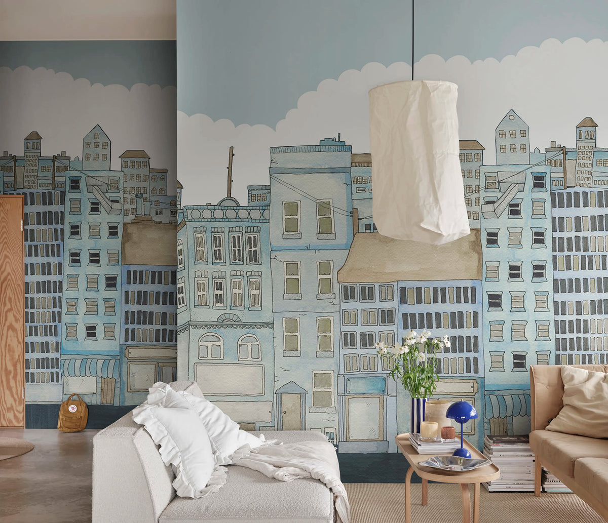 Funny Houses, Light Blue Mural Wallpaper - room preview 02