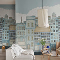 Funny Houses, Light Blue Mural Wallpaper - room preview 02
