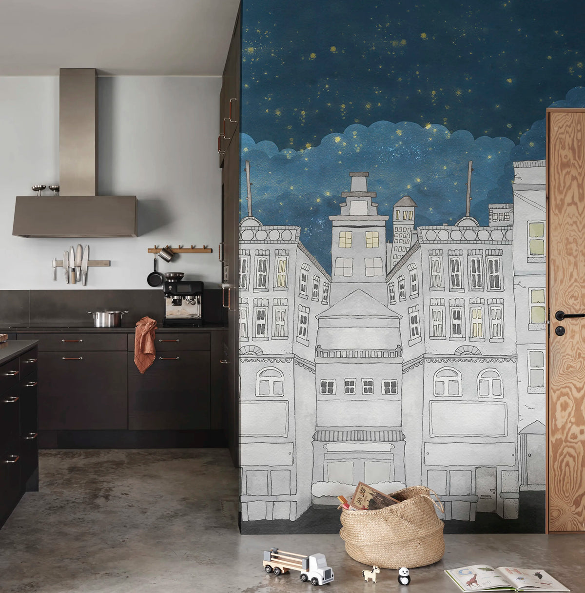 Funny Houses, Dark Blue Mural Wallpaper - room preview 02