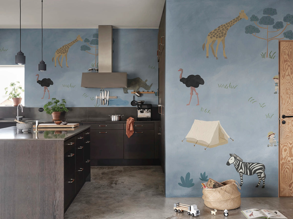 Animal Safari, Blue Mural Wallpaper - room preview 02