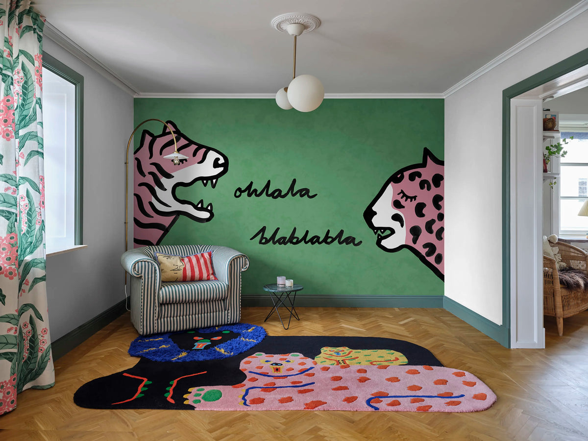 Cat Talk, Green Mural Wallpaper - room preview 02