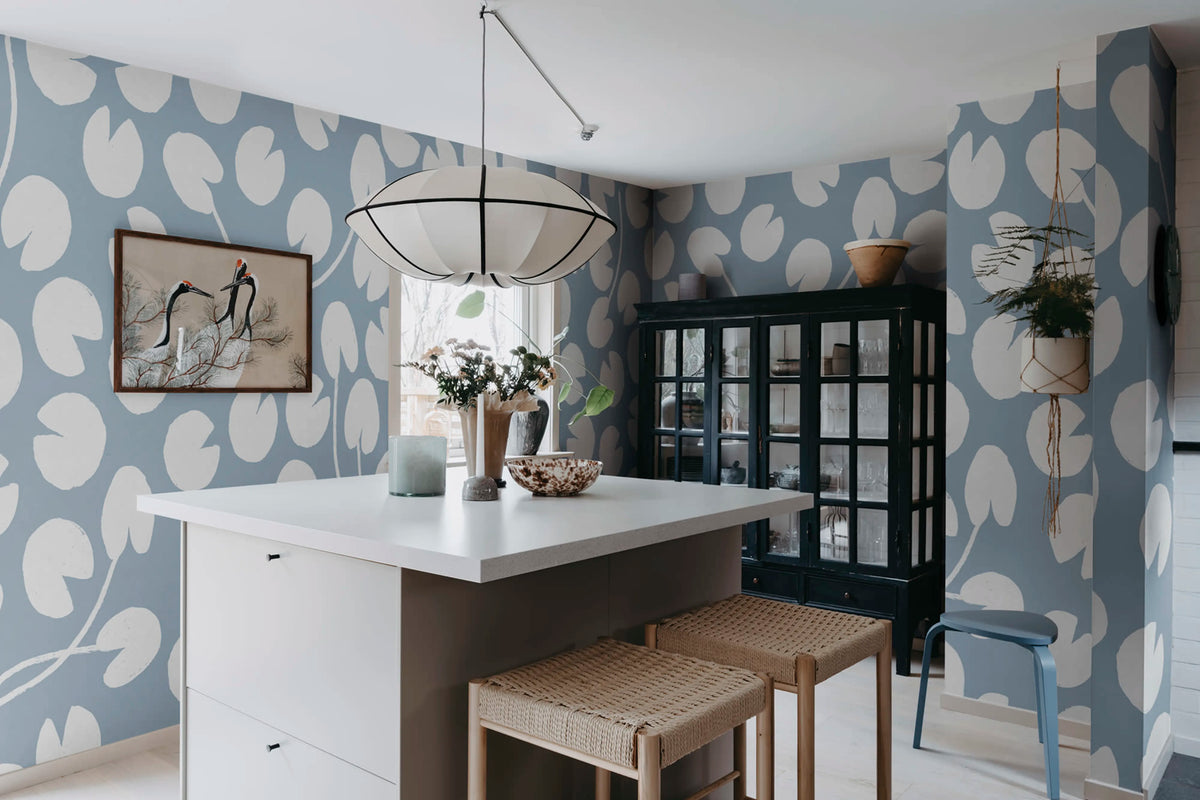 Water Lilies, Blue Mural Wallpaper - room preview 02