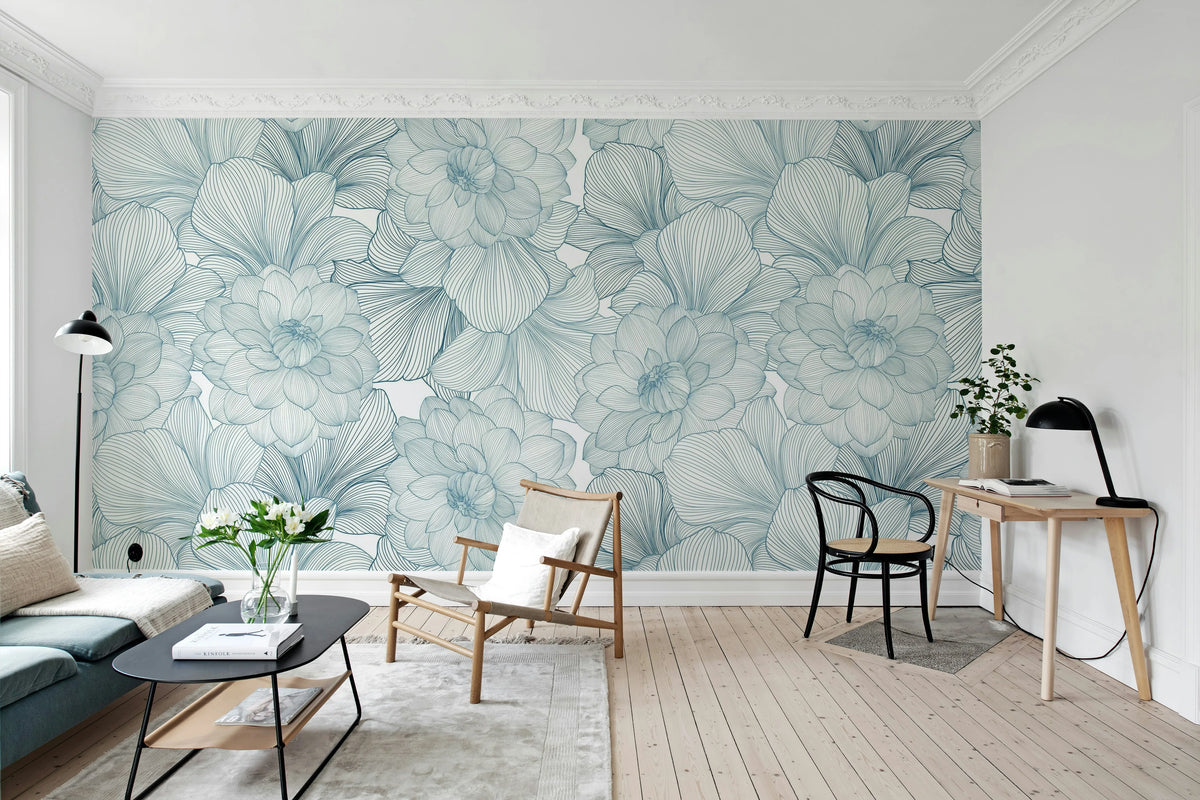 Bold Dahlia, Blue Mural Wallpaper - room preview 02