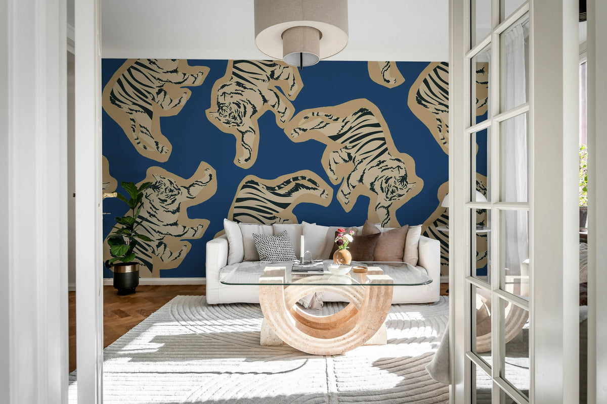 Quirky Tigers, Blue Mural Wallpaper - room preview 02