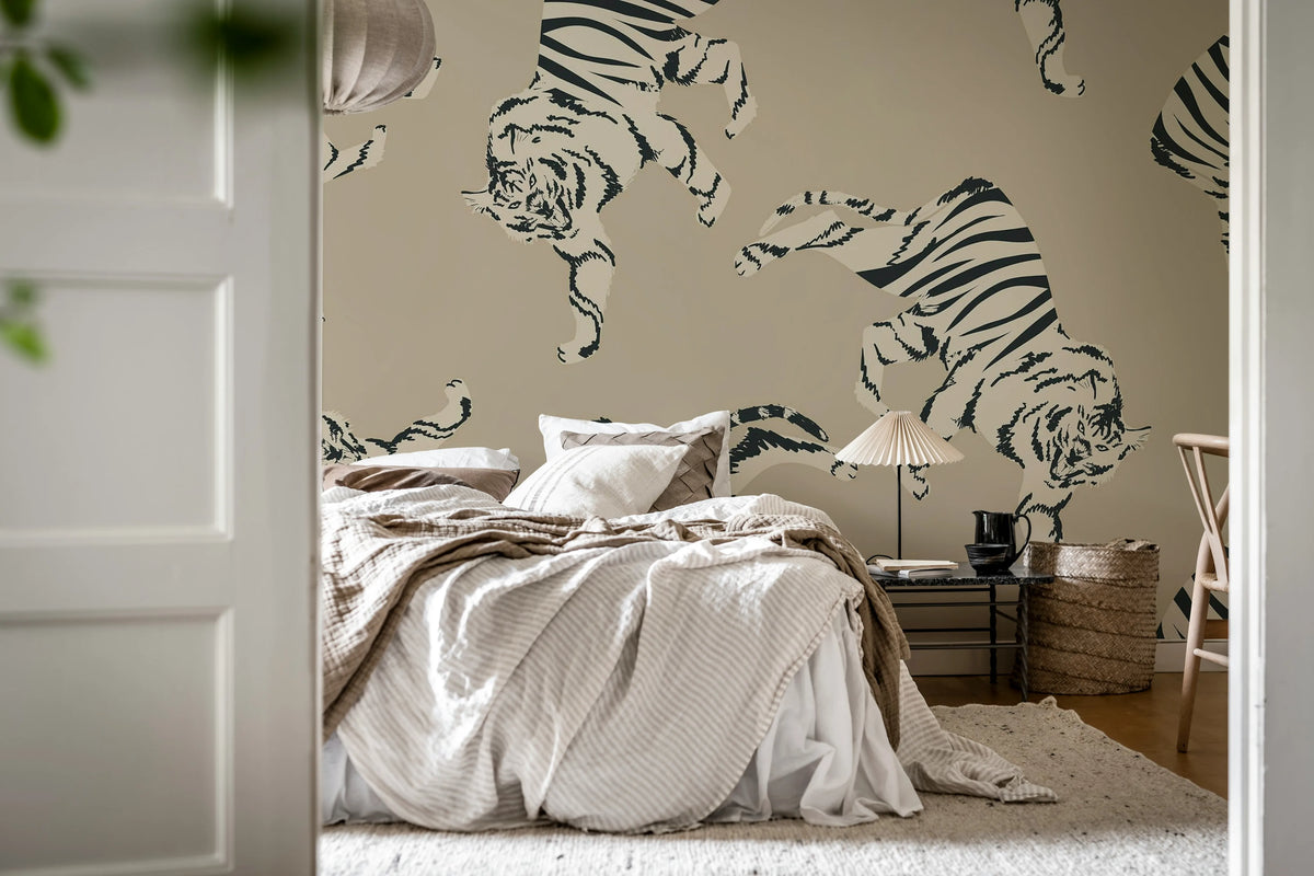Quirky Tigers, Beige Mural Wallpaper - room preview 02