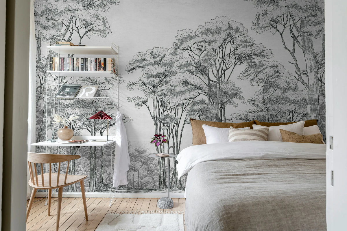Graphic Trees, Black & White Mural Wallpaper - room preview 02