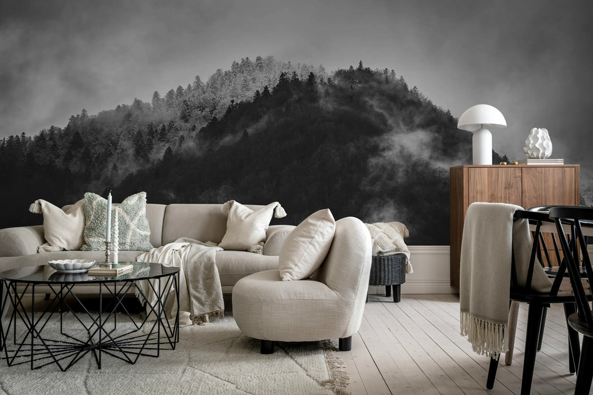 Foggy Mountain, Black & White Mural Wallpaper - room preview 02