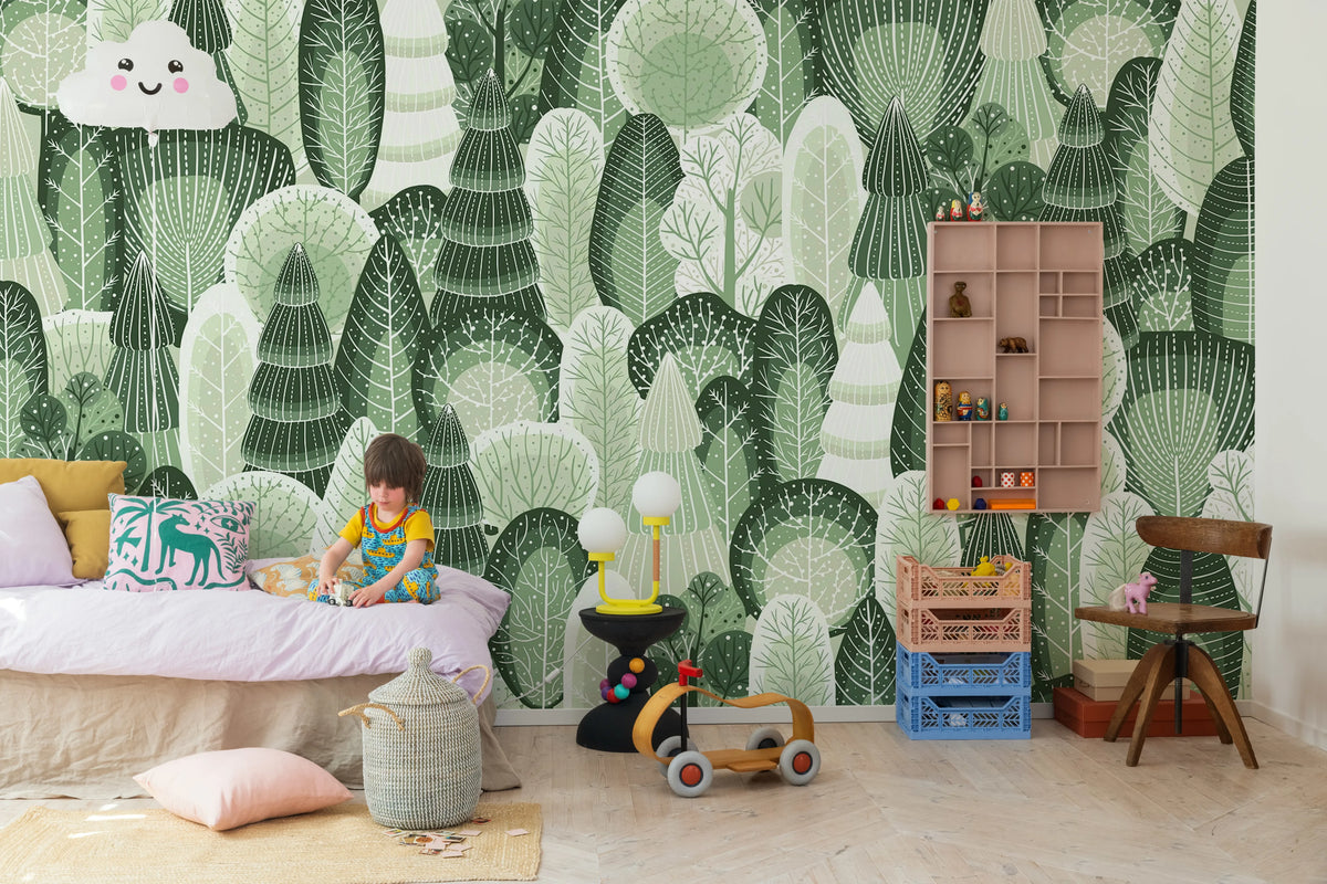 Artsy Trees, Green Mural Wallpaper - room preview 02