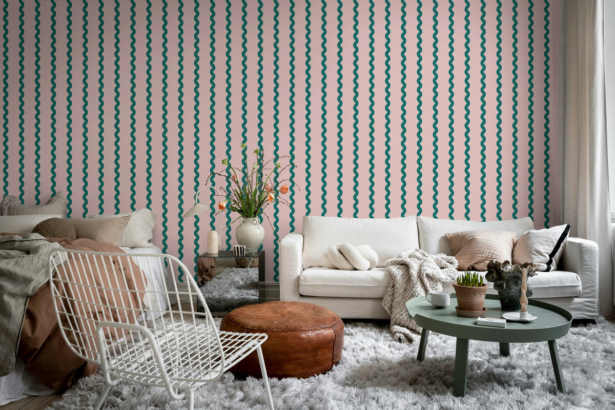 Wobbly Stripe, Pink Mural Wallpaper - room preview 02