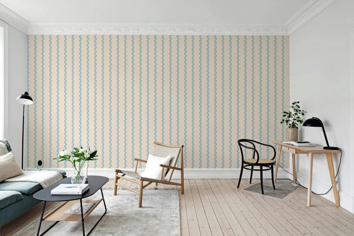 Wobbly Stripe, Light Blue Mural Wallpaper - room preview 02