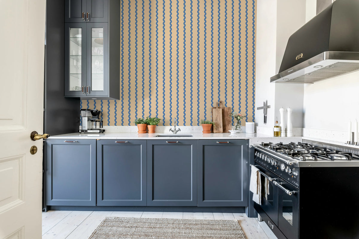Wobbly Stripe, Blue Mural Wallpaper - room preview 02