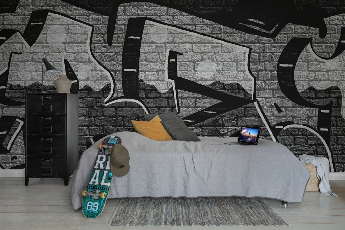 Rebel Graffiti Bold, Gray Mural Wallpaper - room preview 02