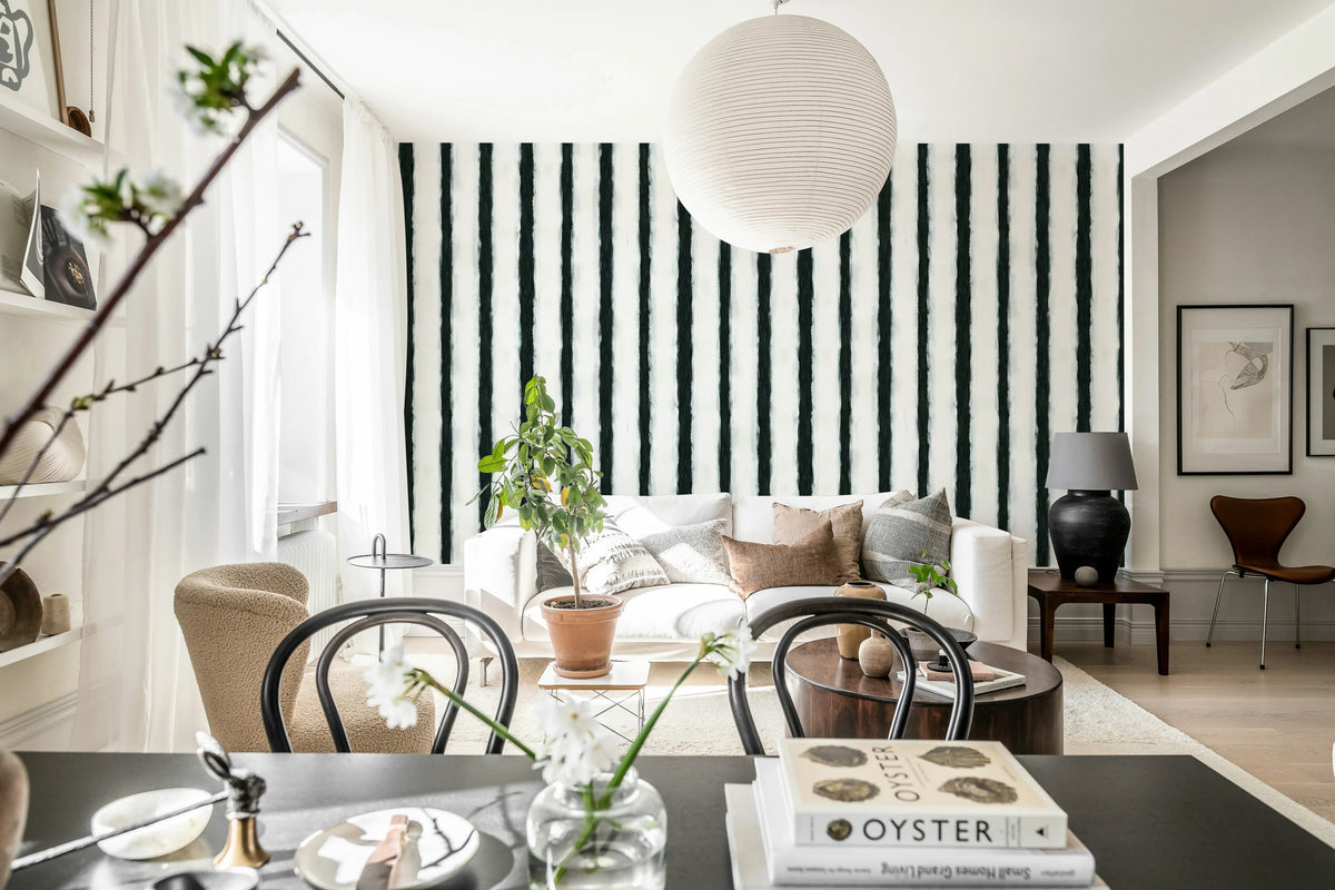 Painted Stripes, Black & White Mural Wallpaper - room preview 02