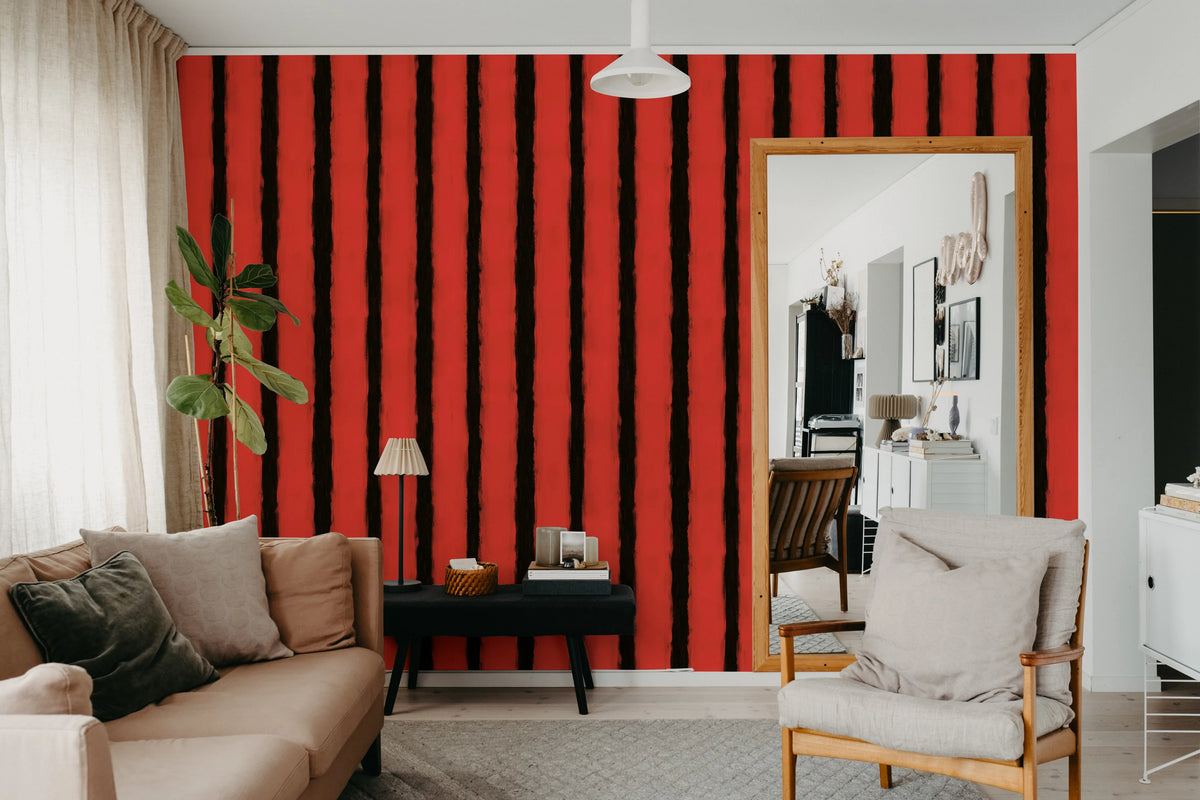 Painted Stripes, Red Mural Wallpaper - room preview 02