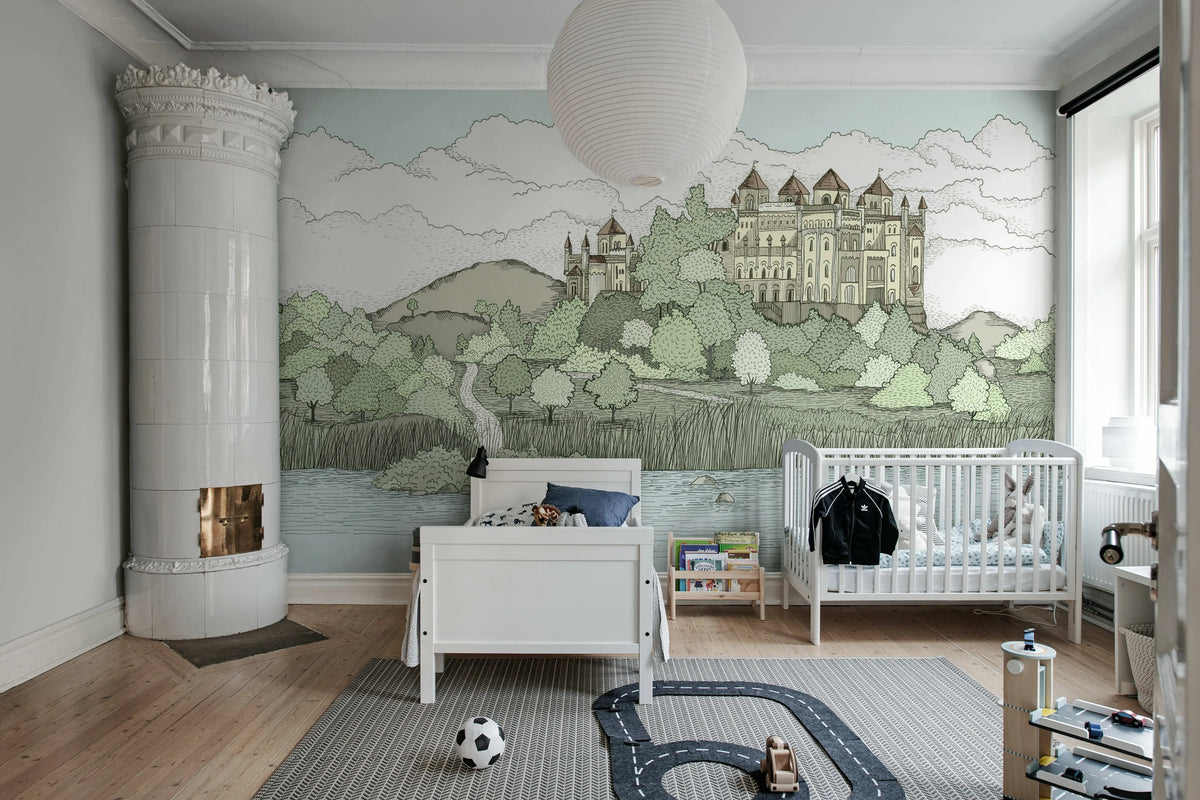 Castle By The Lake, Soft Green Mural Wallpaper - room preview 02