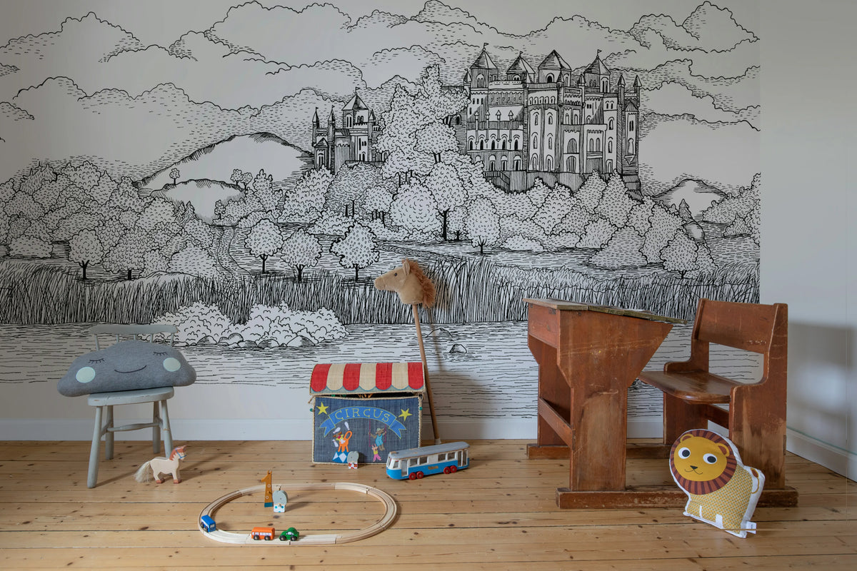 Castle By The Lake, Black & White Mural Wallpaper - room preview 02