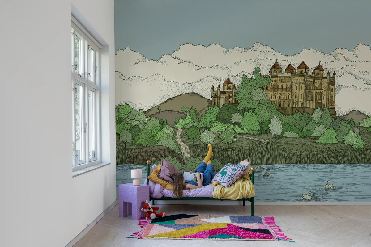 Castle By The Lake, Green Mural Wallpaper - room preview 02