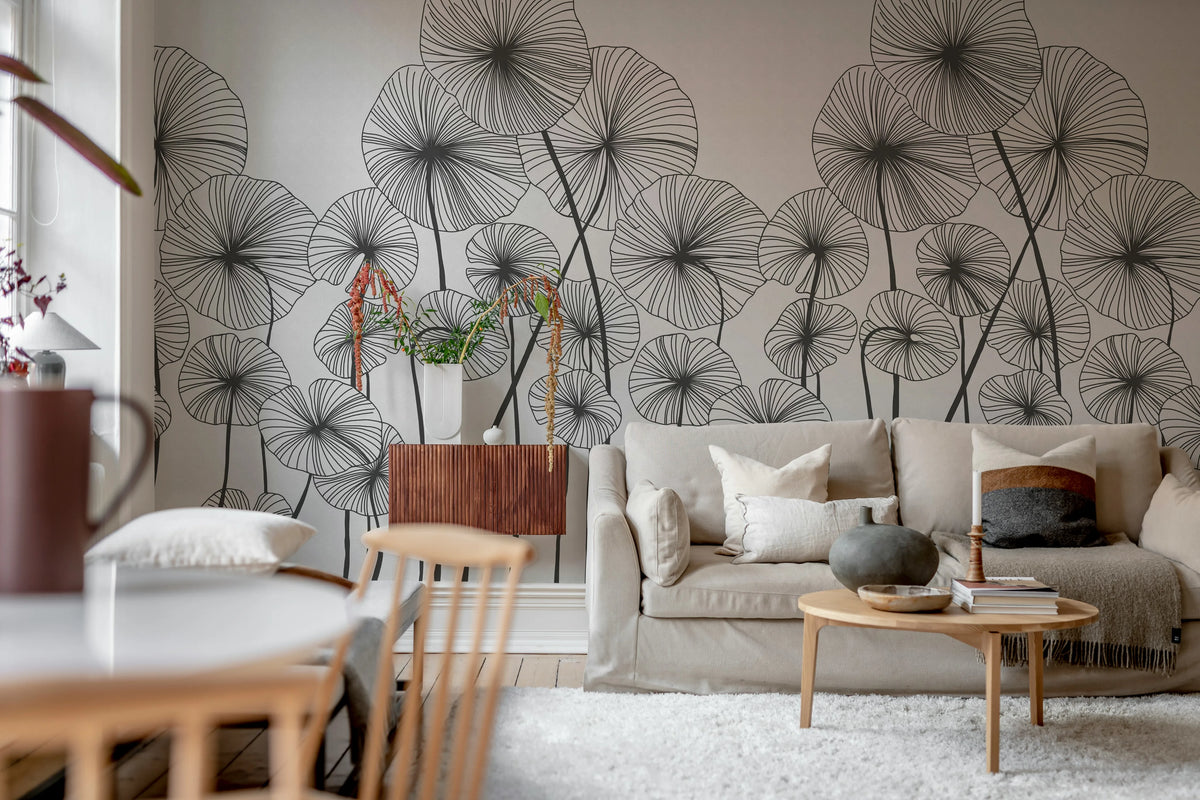 Waterlily Forest, Black & White Mural Wallpaper - room preview 02