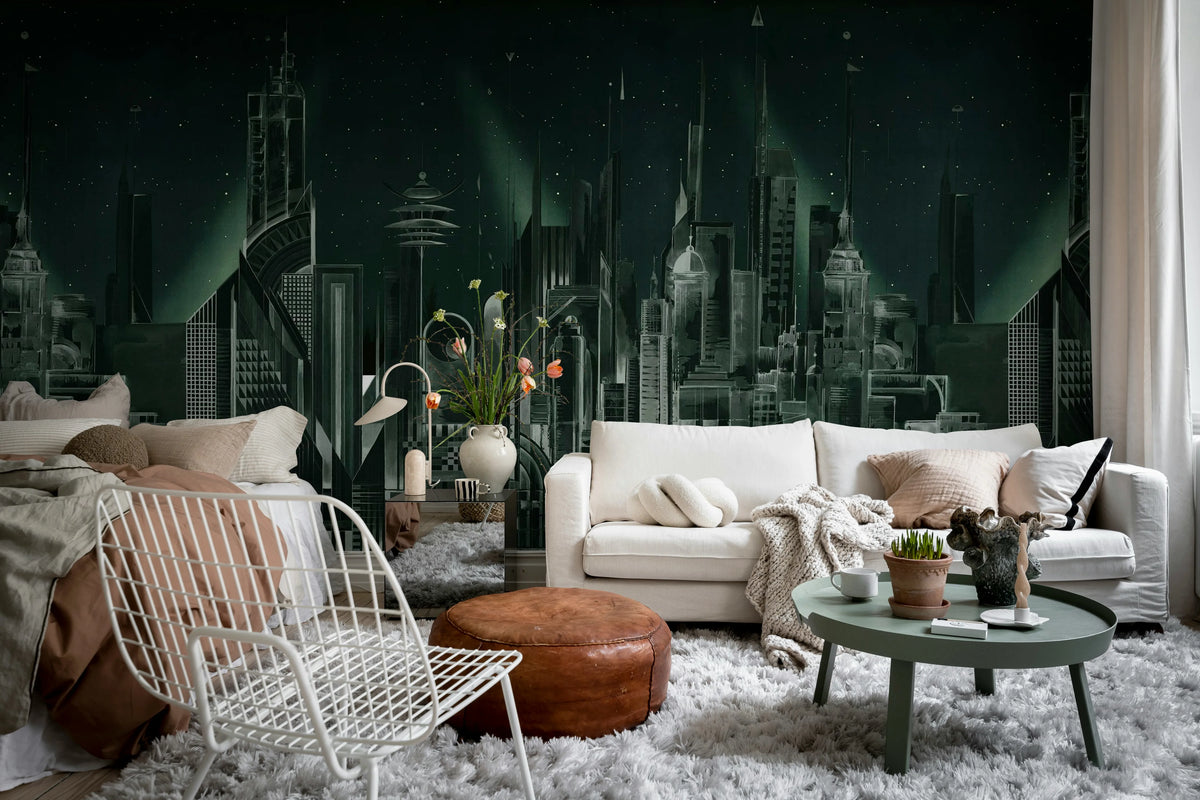 Sci-Fi Town, Green Mural Wallpaper - room preview 02