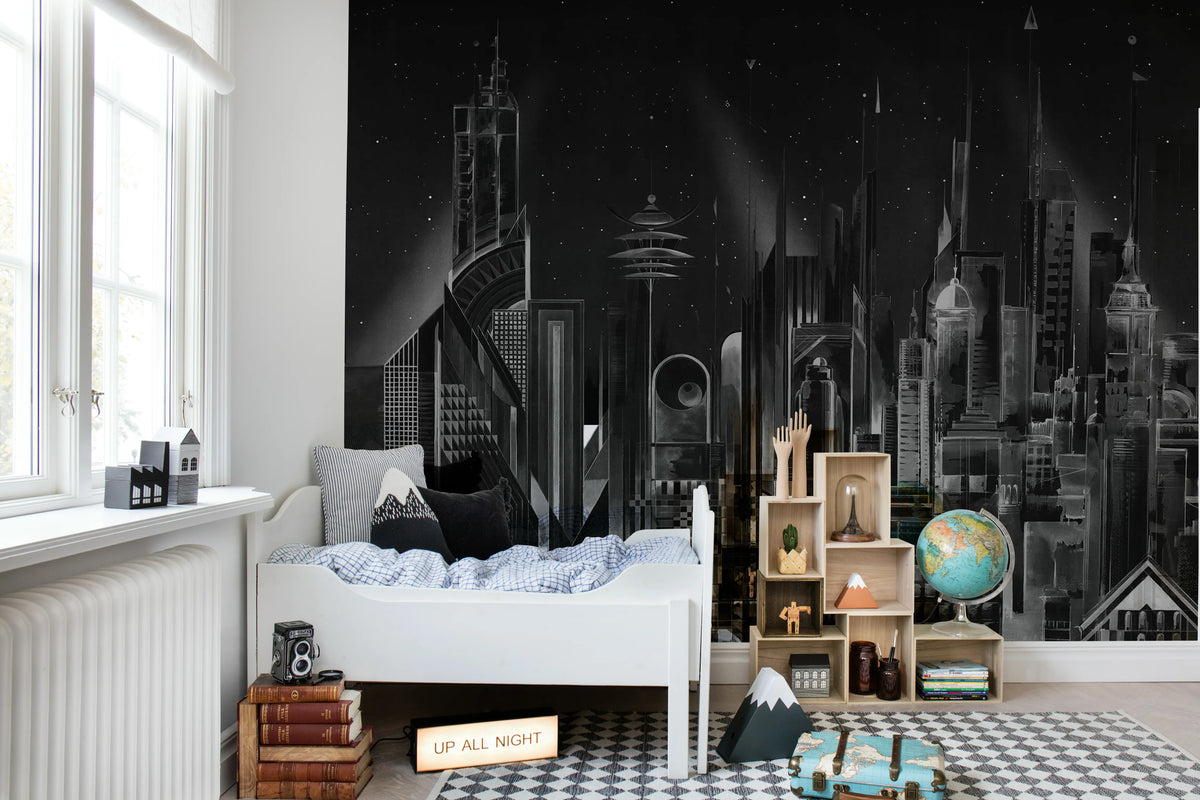 Sci-Fi Town, Black Mural Wallpaper - room preview 02