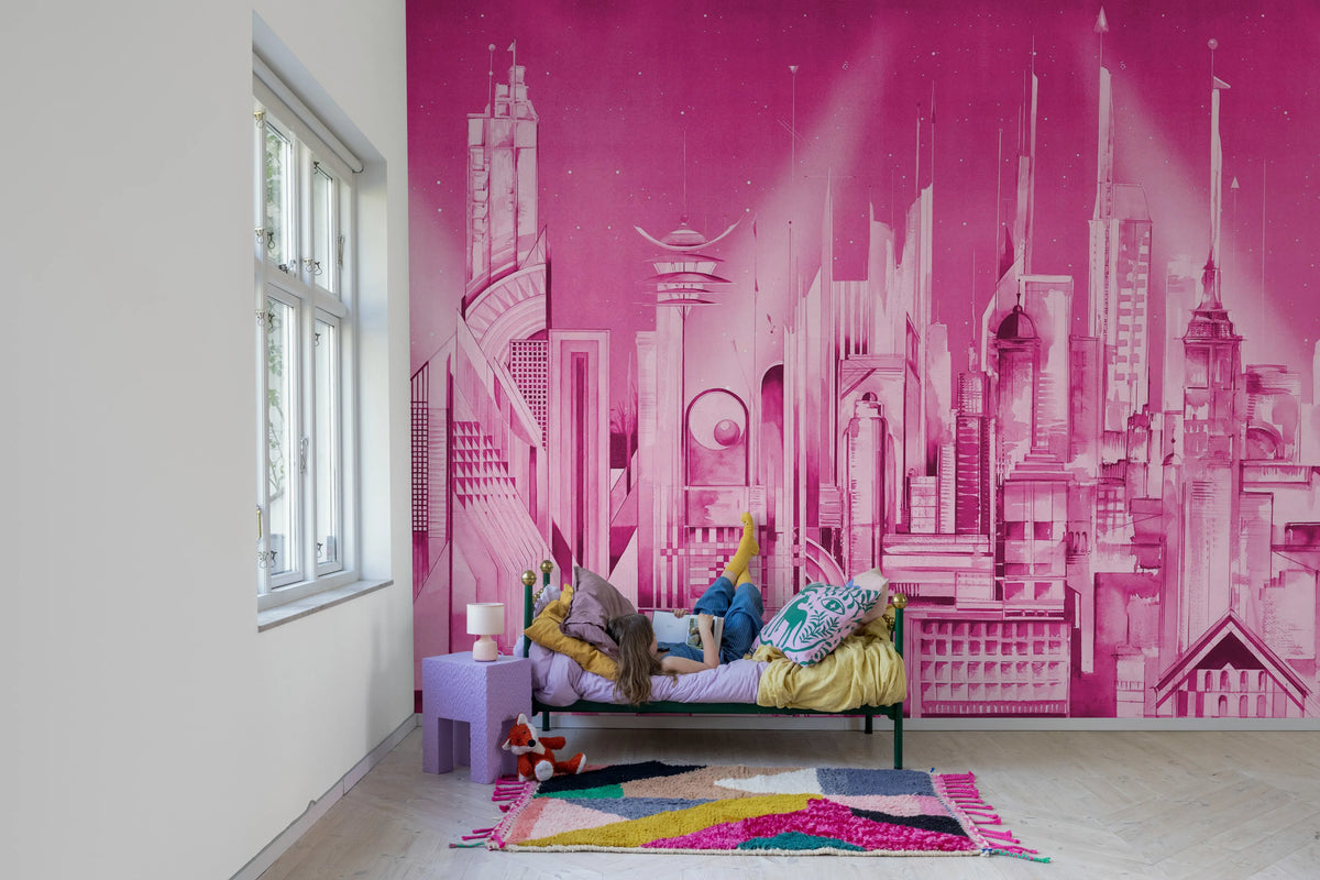 Sci-Fi Town, Pink Mural Wallpaper - room preview 02