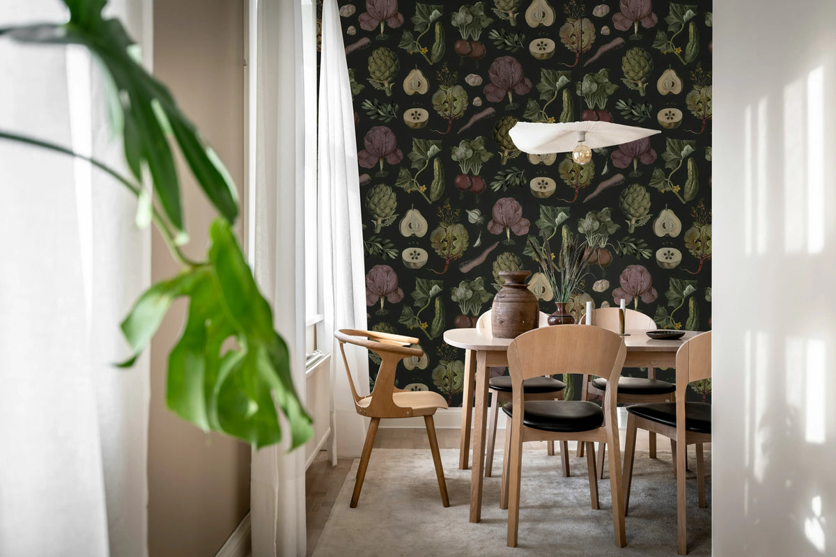 Vintage Greens, Black Mural Wallpaper - room preview 02