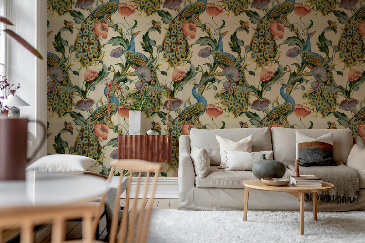 Vintage Peacock, Beige Mural Wallpaper - room preview 02