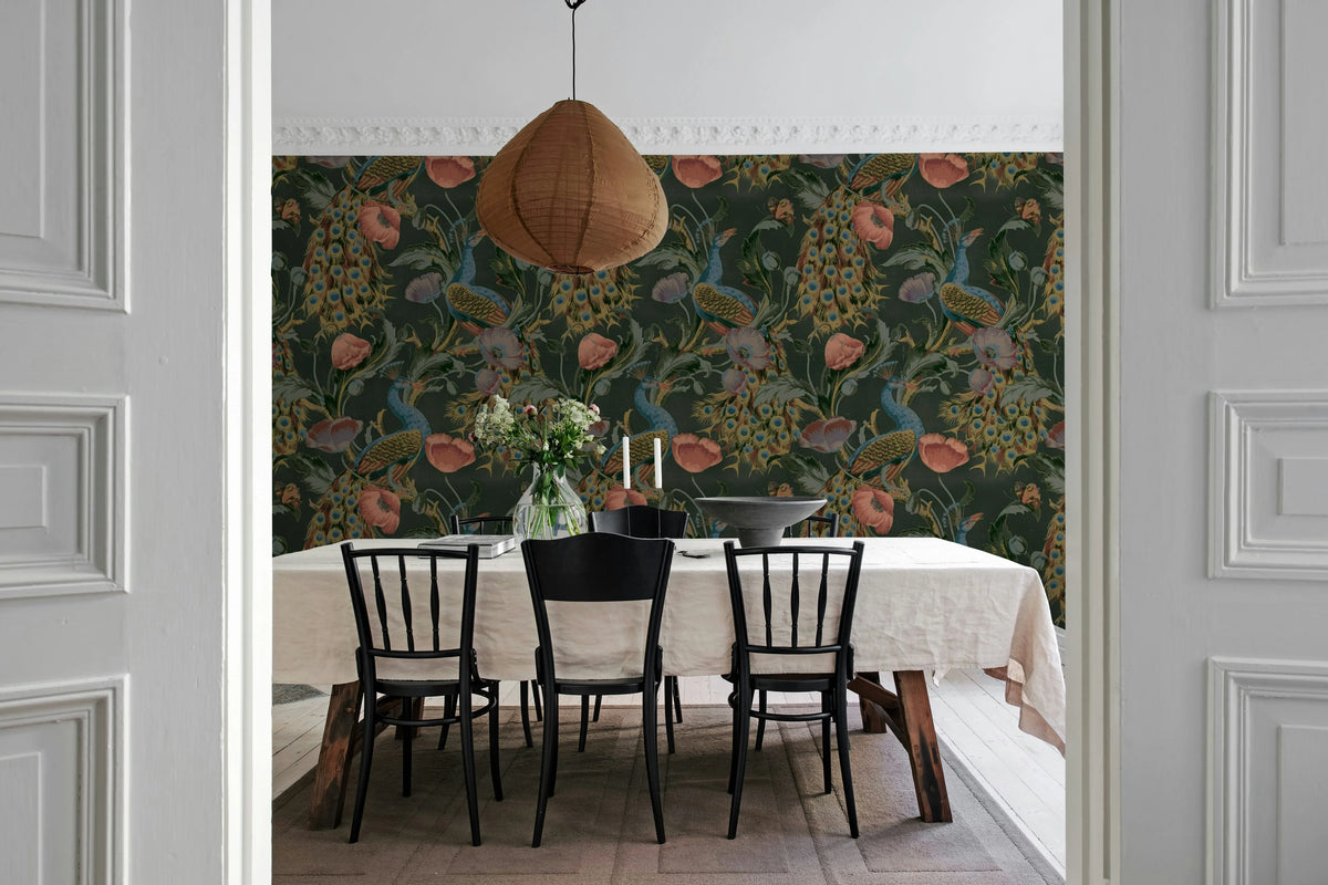 Vintage Peacock, Black Mural Wallpaper - room preview 02