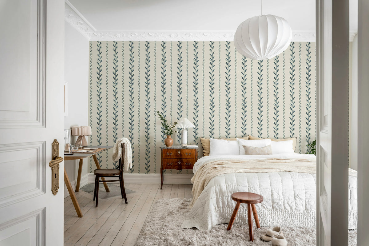 Bayleaf Stripe, Blue Mural Wallpaper - room preview 02