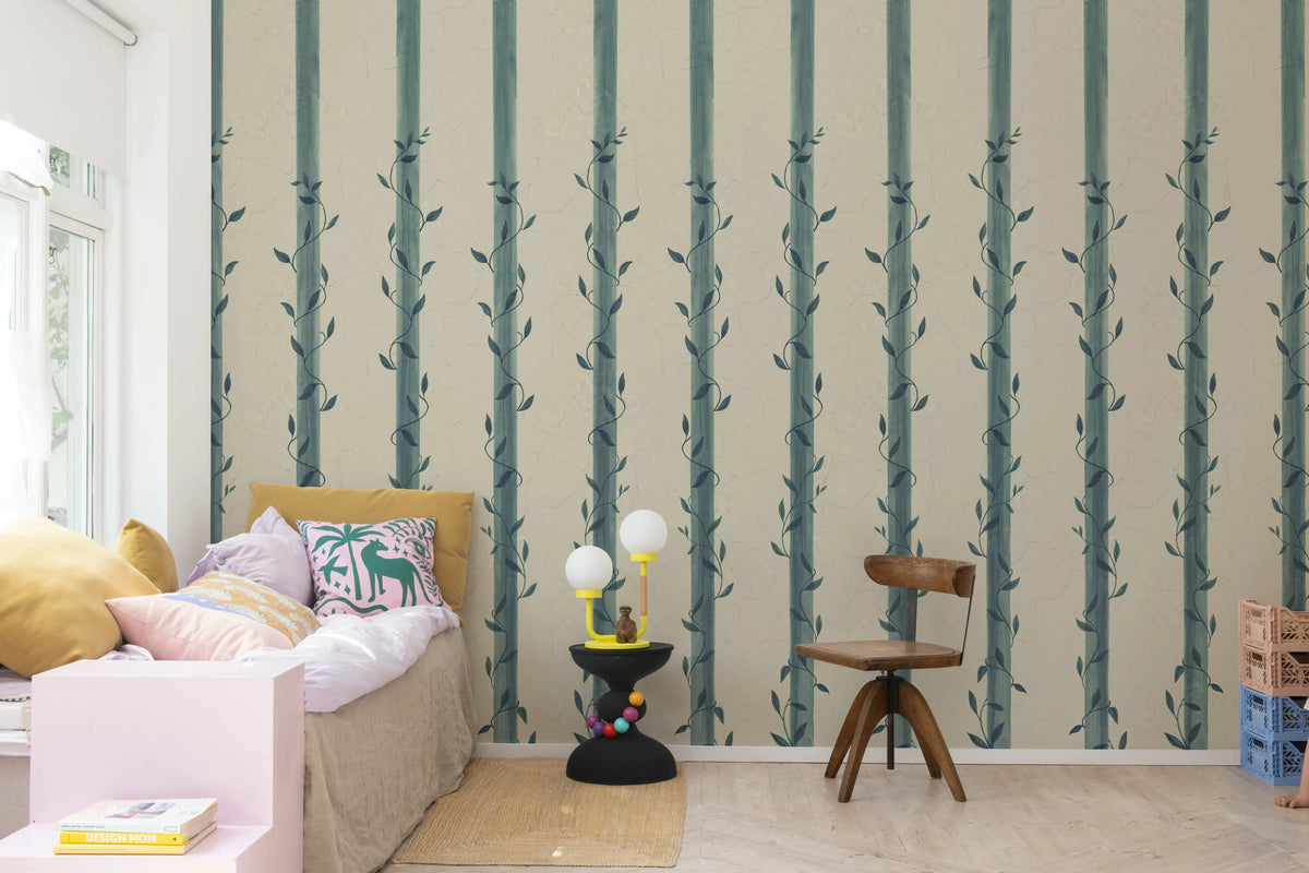 Leafy Stripes, Blue Mural Wallpaper - room preview 02