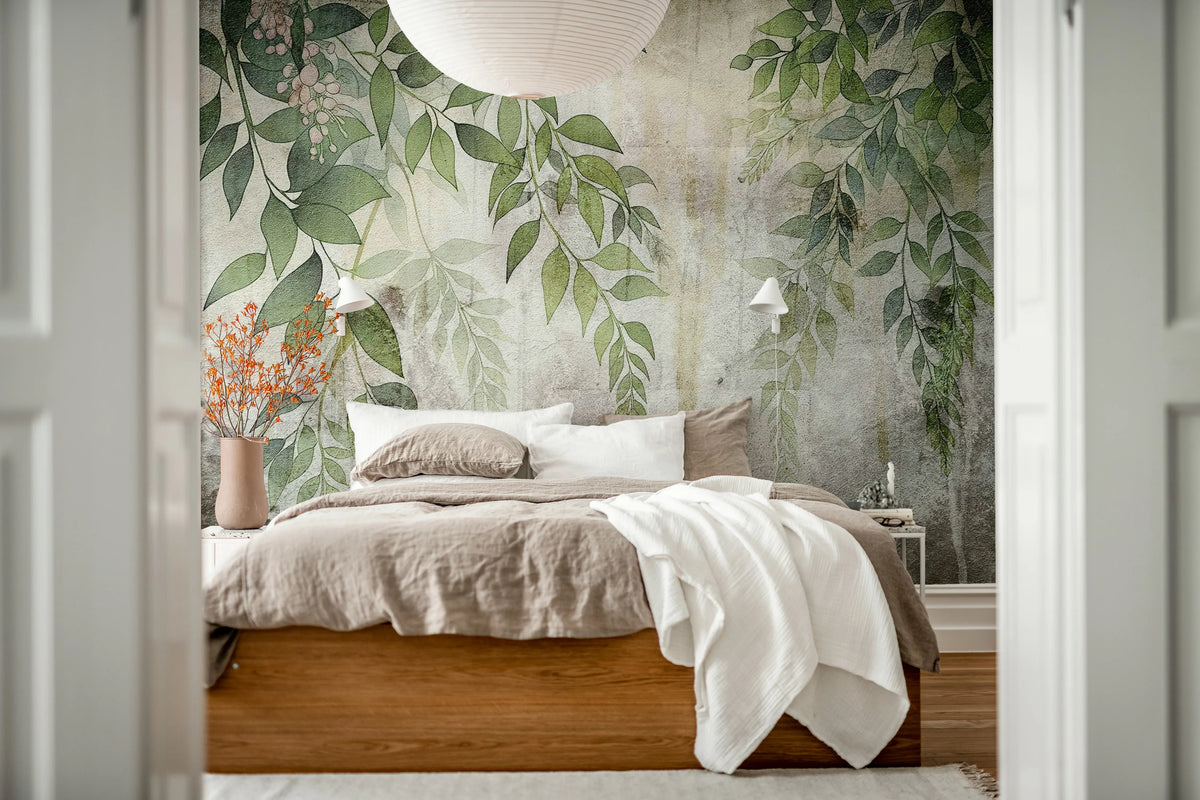 Vintage Leafs, Green Mural Wallpaper - room preview 02