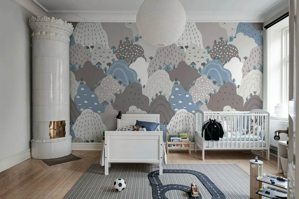 Happy Hillside, Gray Mural Wallpaper - room preview 02