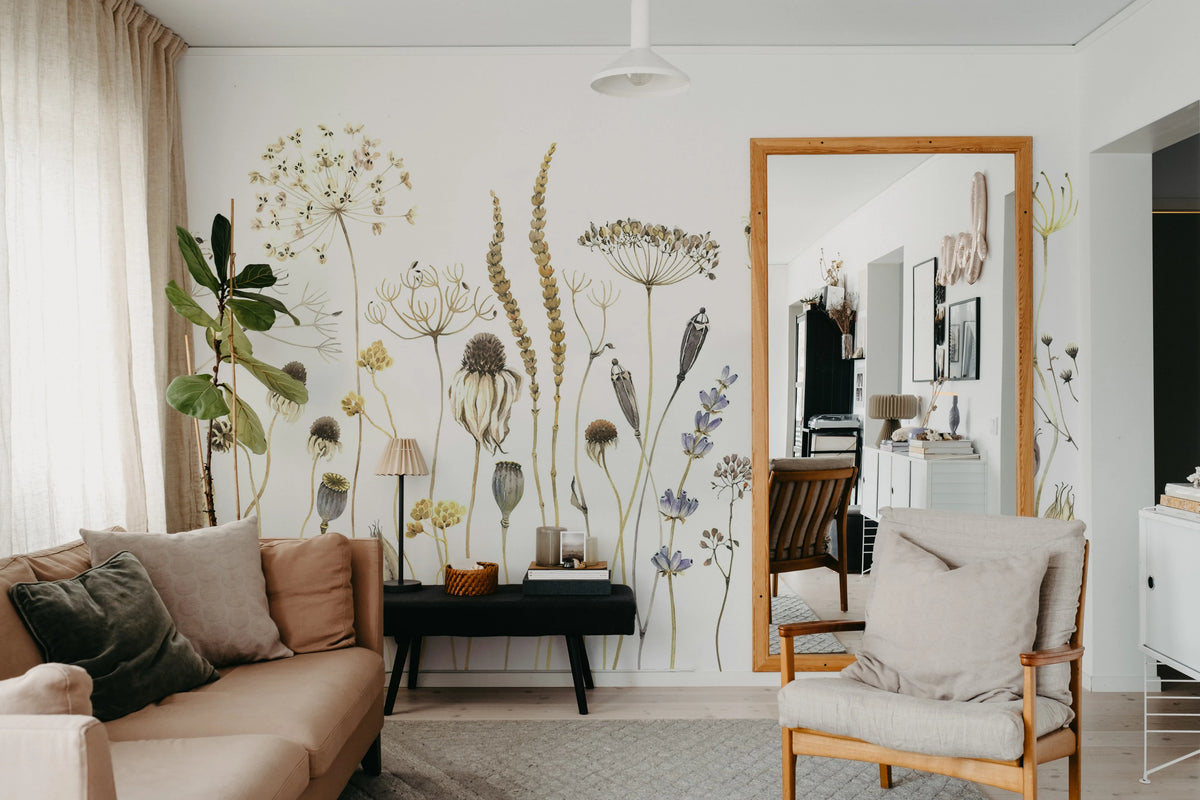Dried Flower Meadow, Beige Mural Wallpaper - room preview 02