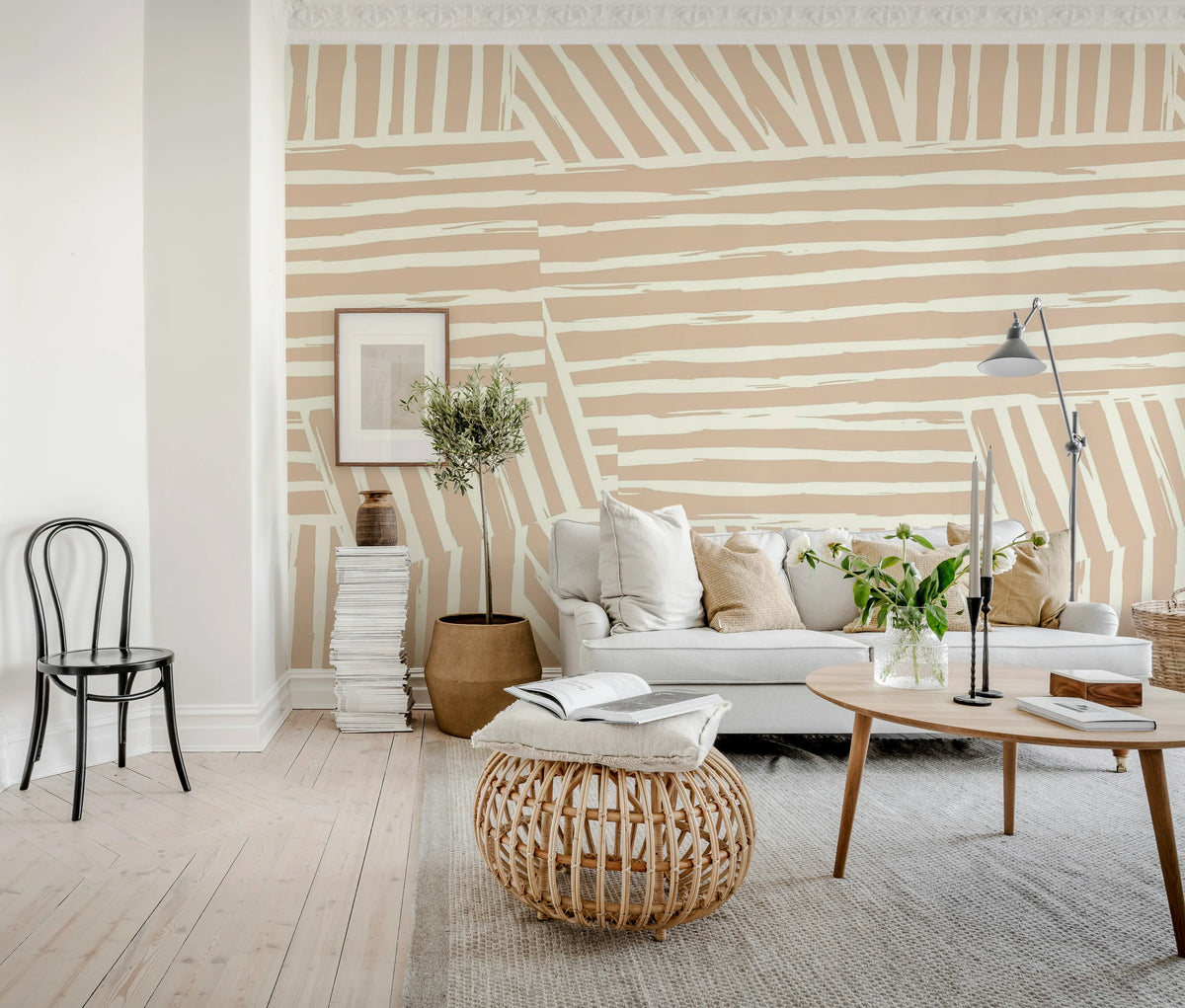 Geometric Lines, Beige Mural Wallpaper - room preview 02