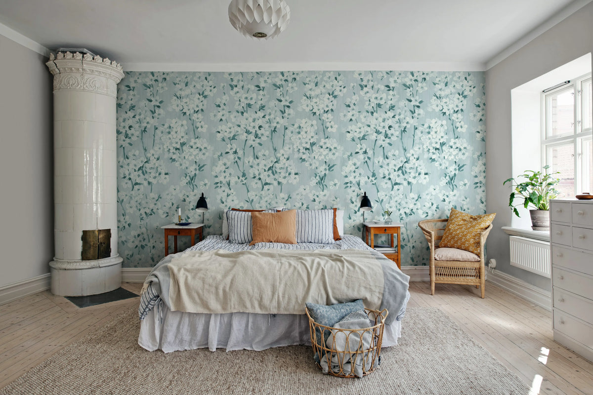 Cherry Blossom Tree, Blue Mural Wallpaper - room preview 02