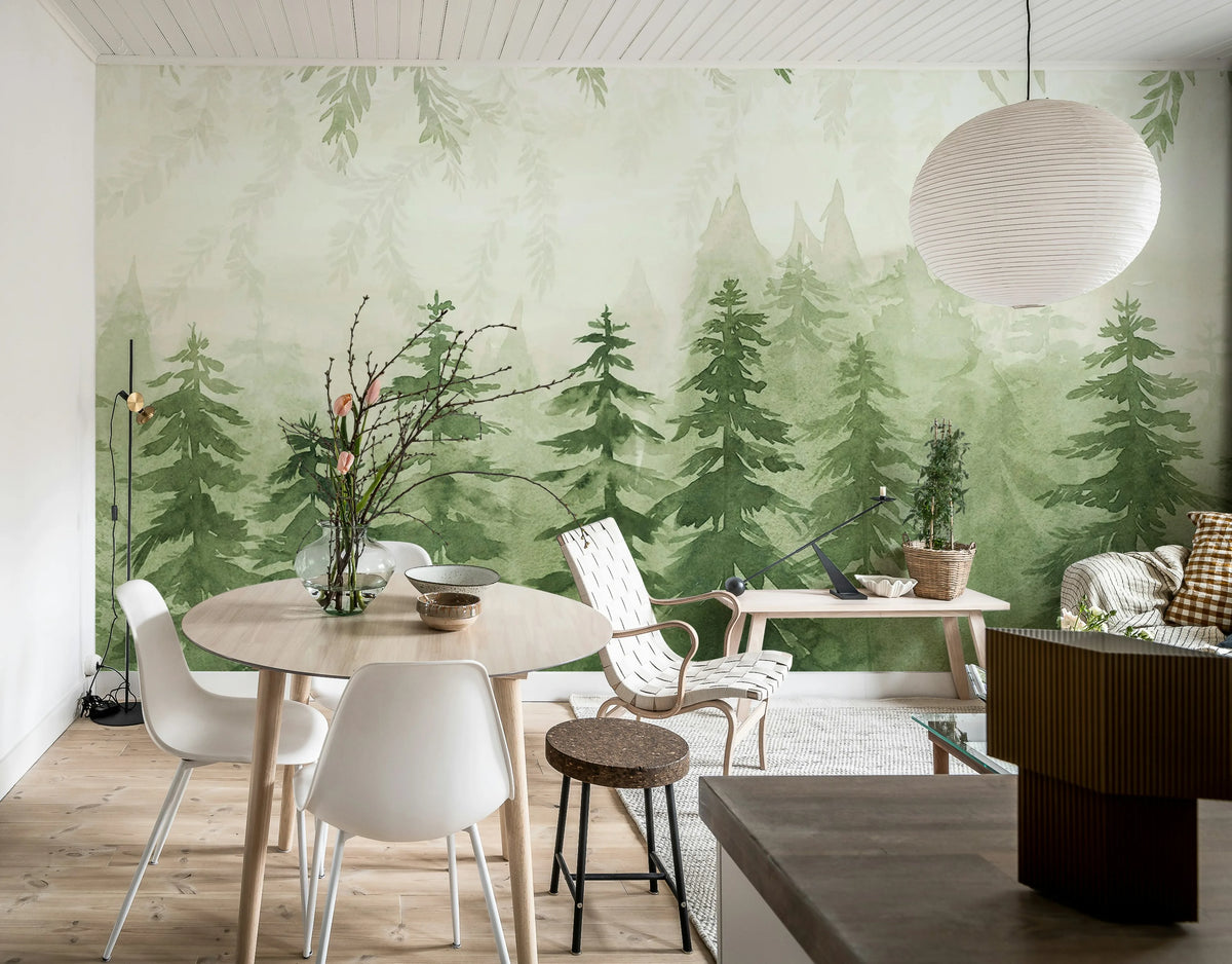Watercolor Forest, Green Mural Wallpaper - room preview 02