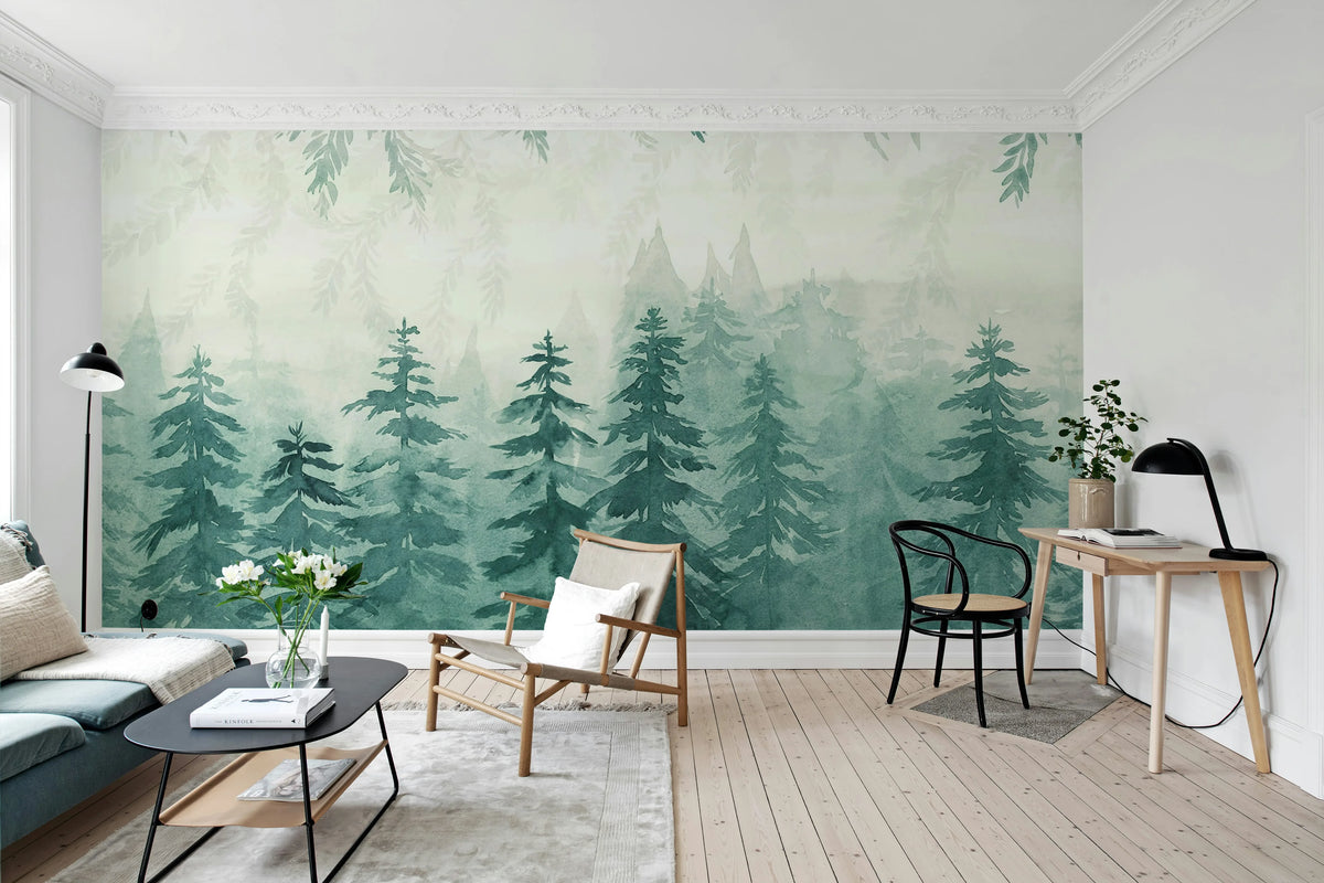 Watercolor Forest‚ Blue Mural Wallpaper - room preview 02