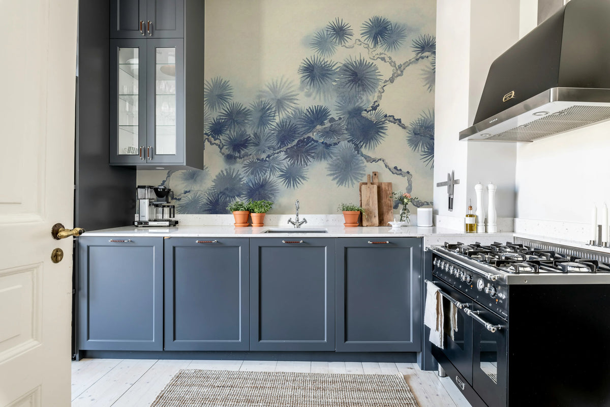 Pine Branch, Blue Mural Wallpaper - room preview 02