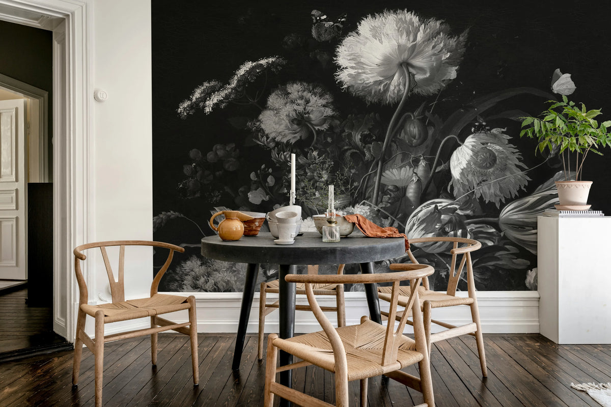 Bold Bouquet, Black Mural Wallpaper - room preview 02