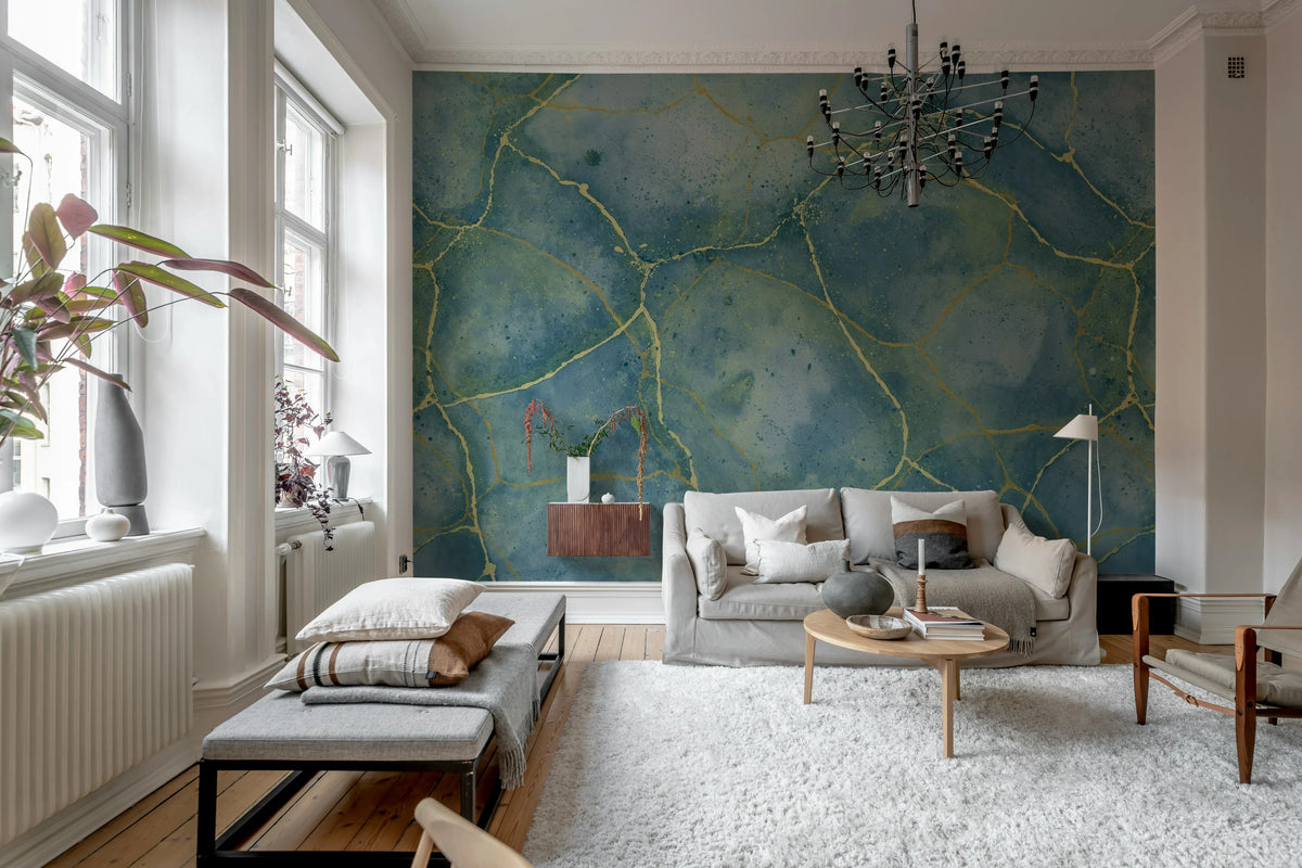Marble Watercolor, Blue Mural Wallpaper - room preview 02