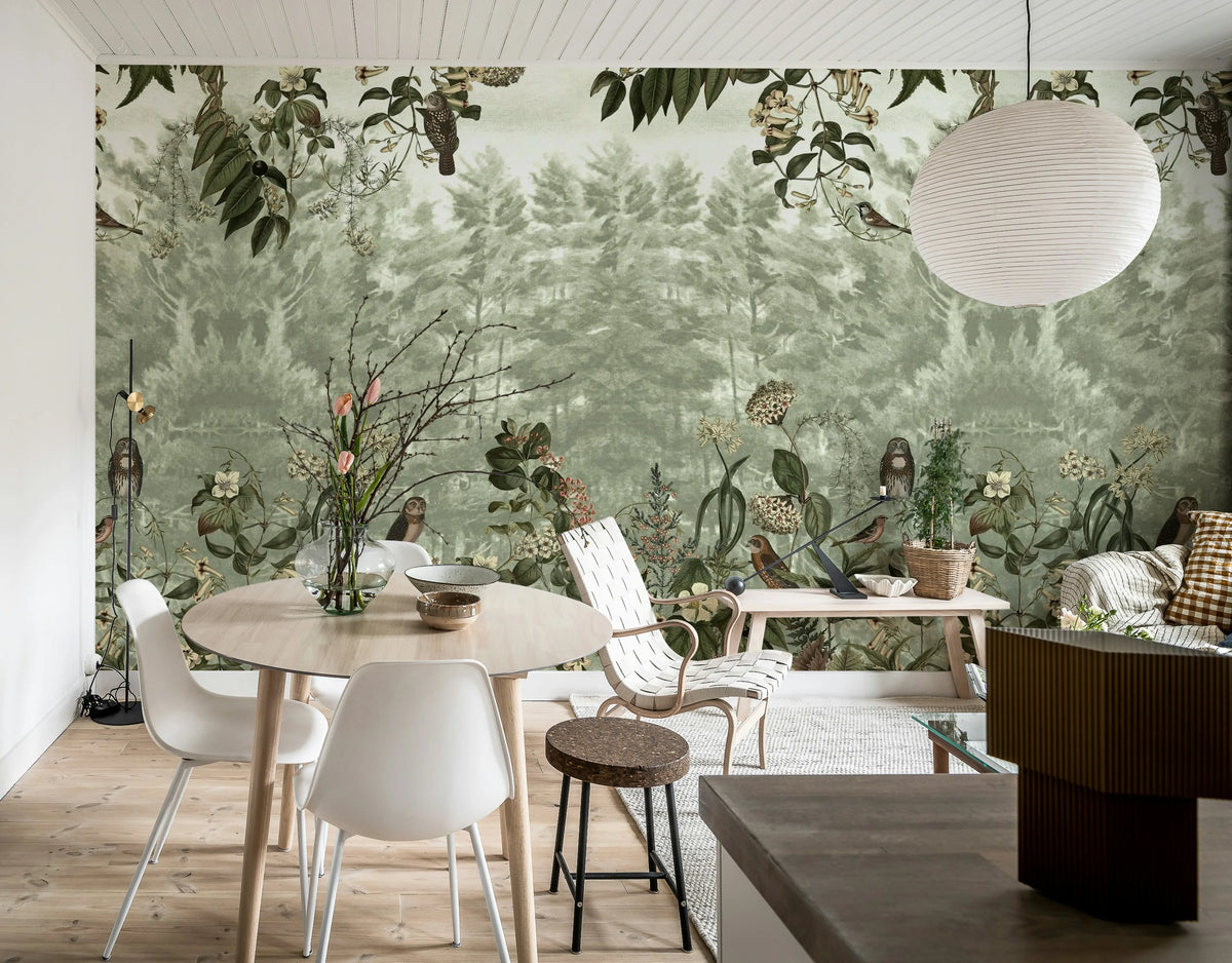 Owl Forest, Green Mural Wallpaper - room preview 02