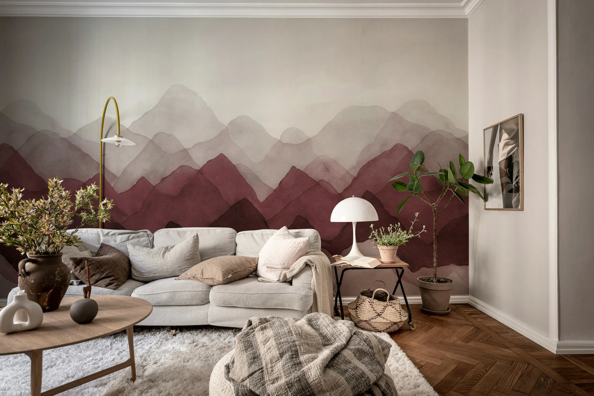 Watercolor Mountain, Burgundy Mural Wallpaper - room preview 02
