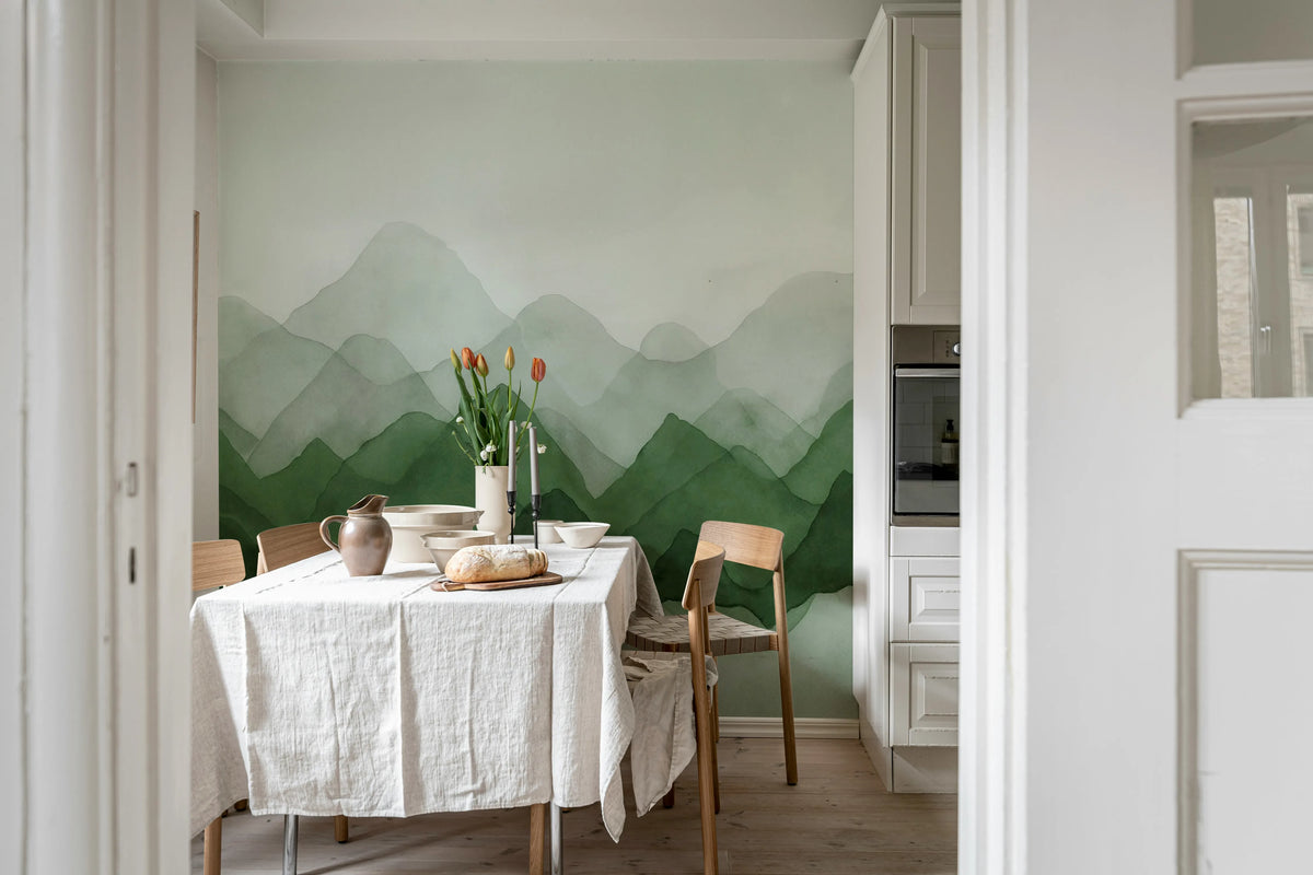 Watercolor Mountain, Green Mural Wallpaper - room preview 02