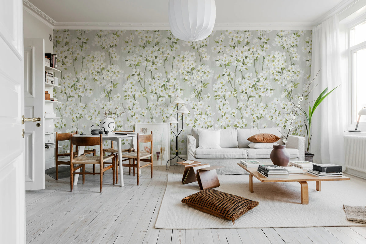 Cherry Blossom Tree, White Mural Wallpaper - room preview 02