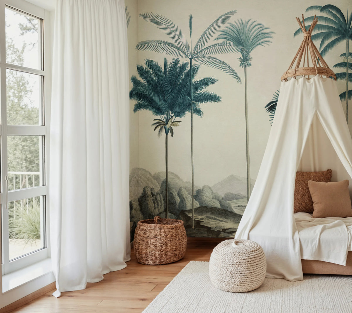 Vintage Palms, Blue Mural Wallpaper - room preview 02
