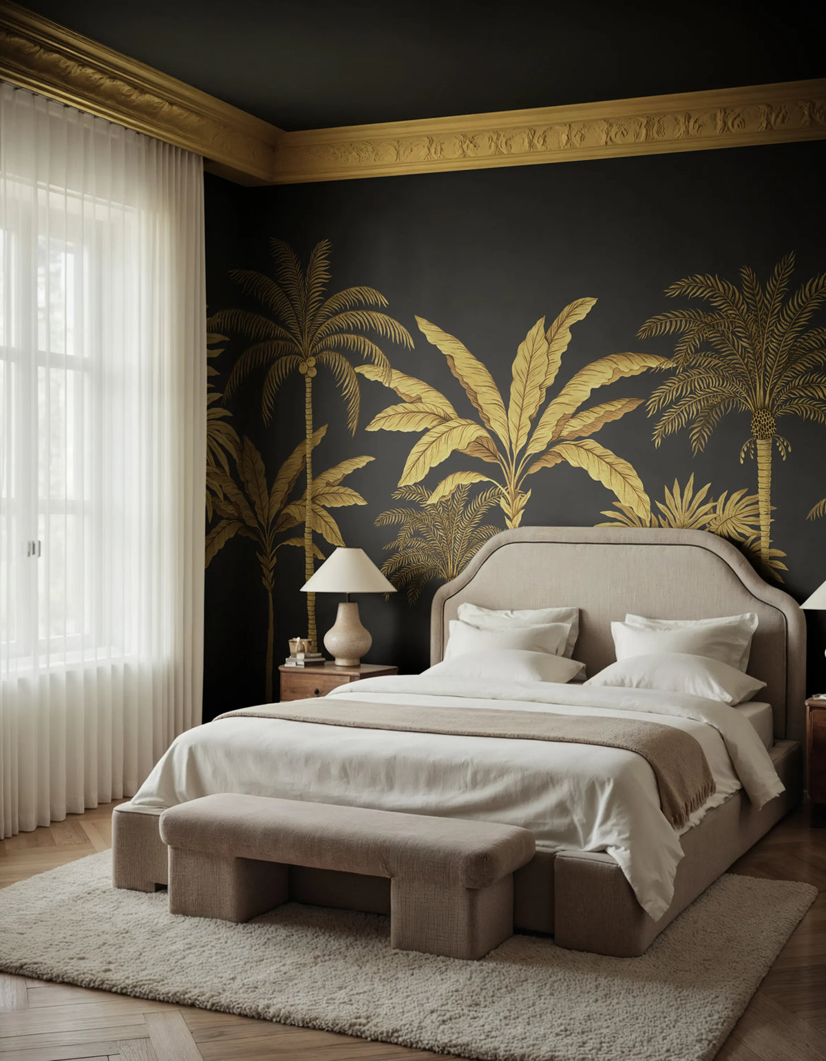 Golden Palms, Black Mural Wallpaper - room preview 02