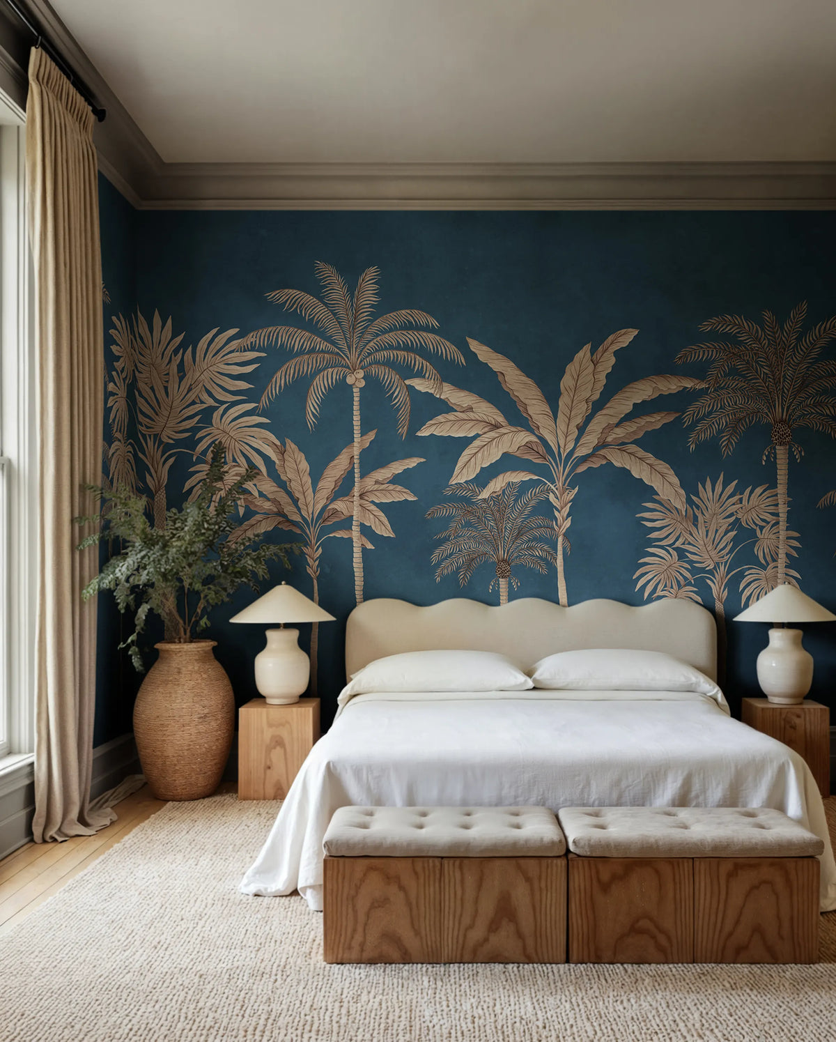 Golden Palms, Blue Mural Wallpaper - room preview 02