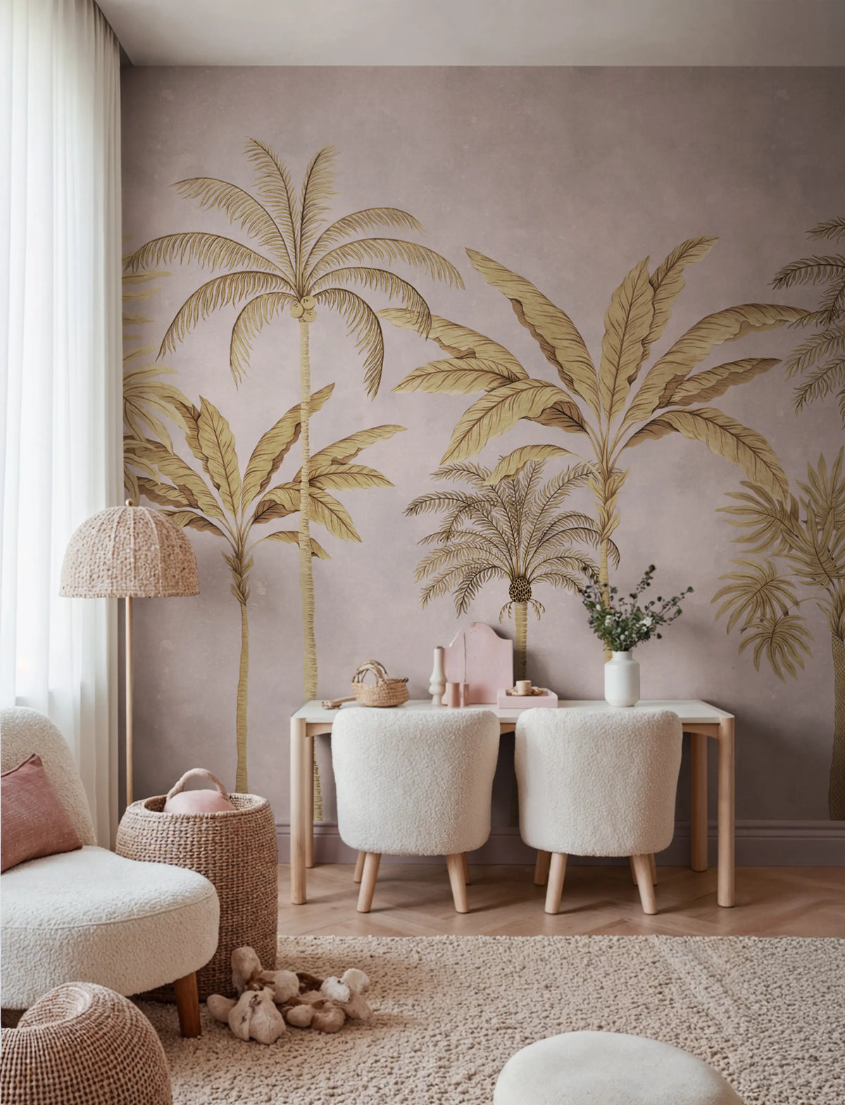 Golden Palms, Pink Mural Wallpaper - room preview 02