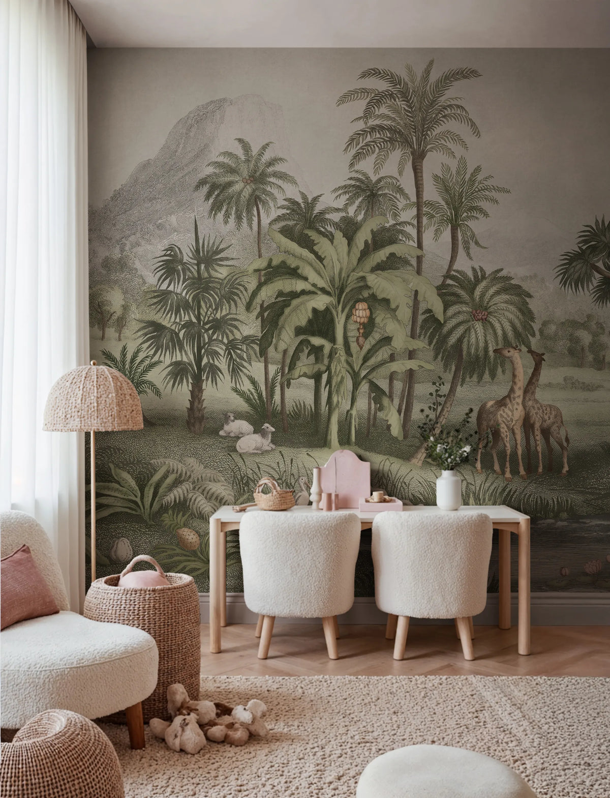 Giraffe Savannah, Green Mural Wallpaper - room preview 02